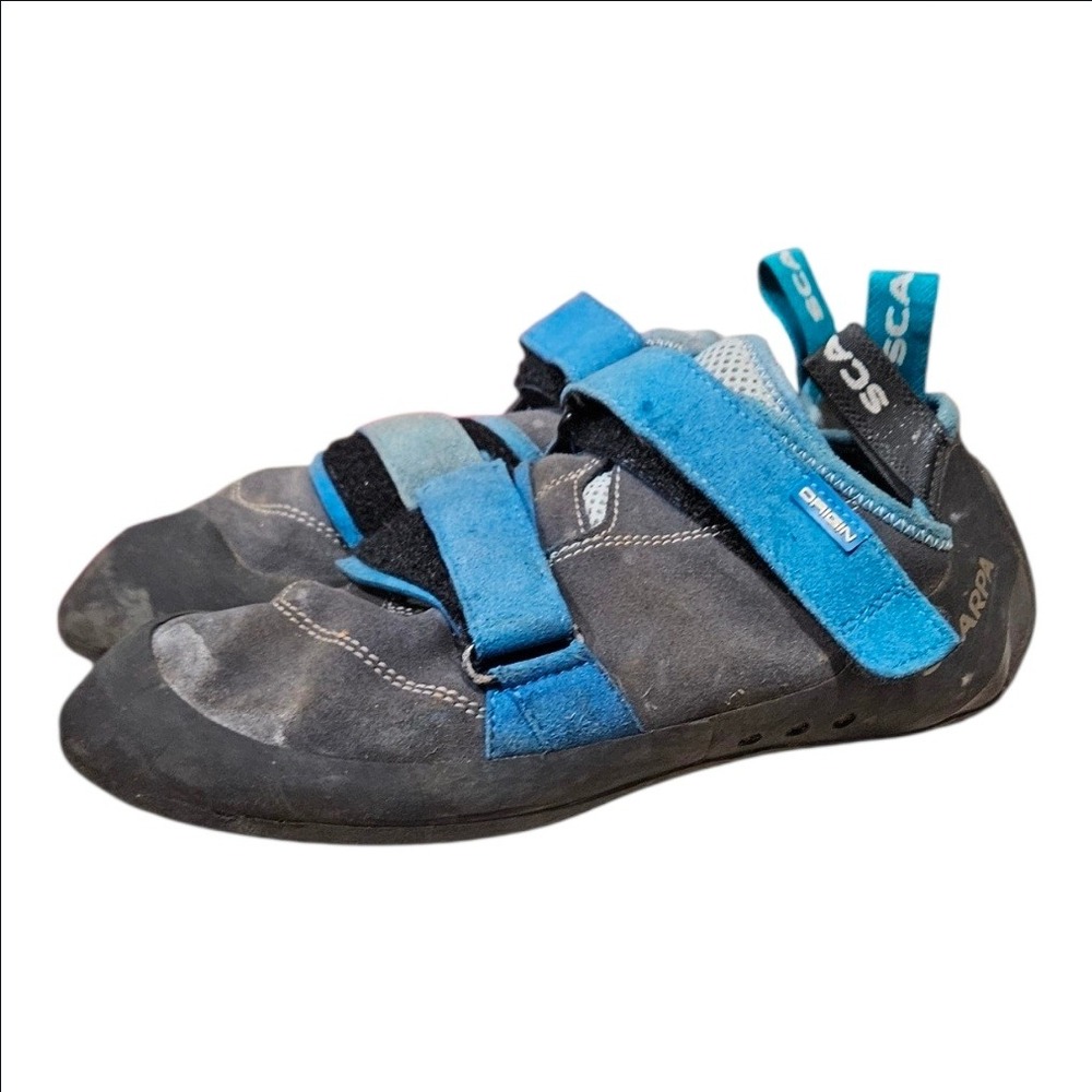 Scarpa Origin Climbing Shoes Mens 11 Blue Grey Suede Hook Loop 70025-000.1 FF